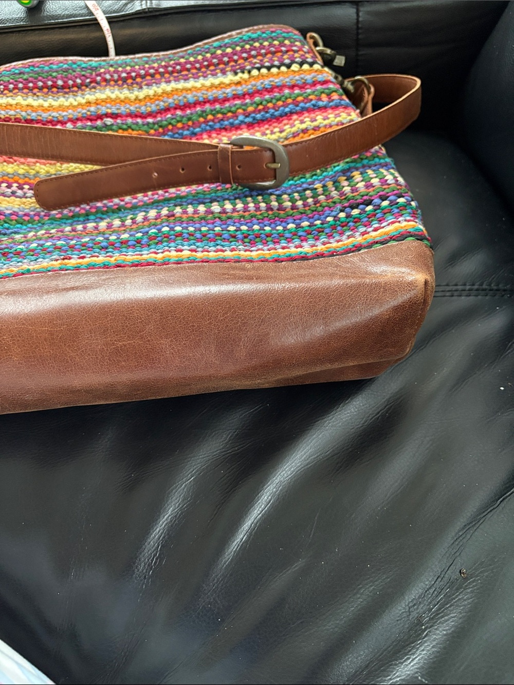 Large Jute And Cotton Multicolor Crochet Shoulder Bag with Brown Leather Trim - Picture 8 of 14